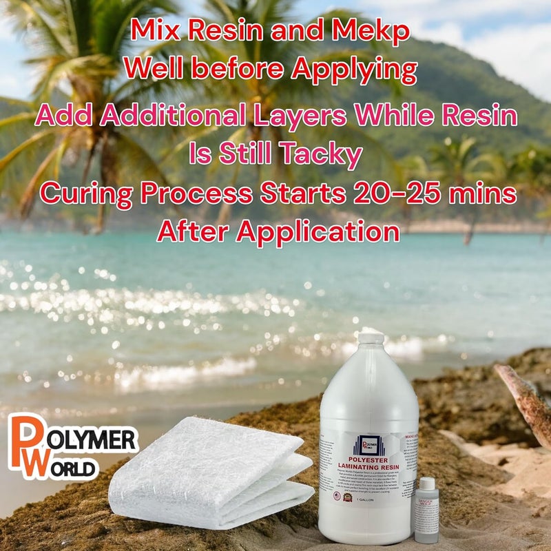 Polymer World - 1 Gal Polyester Resin with Rolled .75x50x5 Yard Chopped Strand Mat, Fiberglass Kit for Boats, Cars, Surfboard, RV, Canoes, Jetski, Watercraft, with MEKP - Image 3